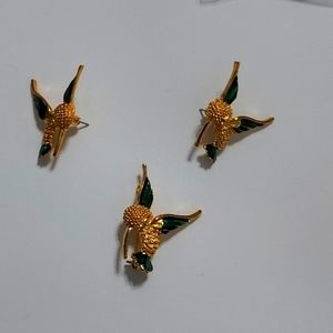 Hummingbird Earrings and Brooch set in Goldtone w/ Green Enameled.
